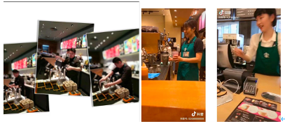 （左图为低头作业的中国咖啡师，右图为全程微笑的日本咖啡师）