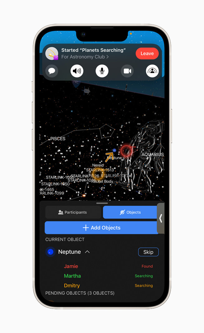 通过同播共享，Night Sky 可以让用户在进行 FaceTime 通话时一起辨认恒星、行星、星座与人造卫星。